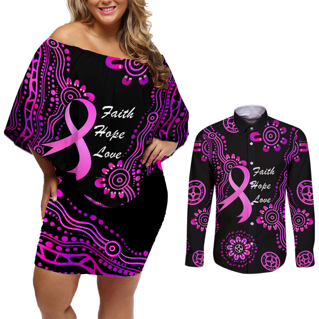 Personalised Faith Hope Love Australia Breast Cancer Couples Matching Off Shoulder Short Dress and Long Sleeve Button Shirt Pink Ribbon Indigenous