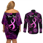 Personalised Faith Hope Love Australia Breast Cancer Couples Matching Off Shoulder Short Dress and Long Sleeve Button Shirt Pink Ribbon Indigenous