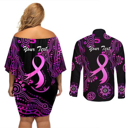 Personalised Faith Hope Love Australia Breast Cancer Couples Matching Off Shoulder Short Dress and Long Sleeve Button Shirt Pink Ribbon Indigenous