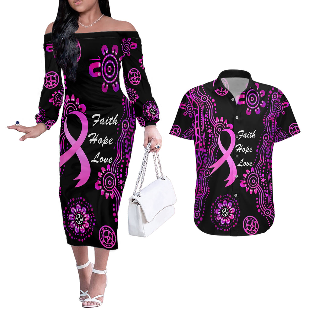 Personalised Faith Hope Love Australia Breast Cancer Couples Matching Off The Shoulder Long Sleeve Dress and Hawaiian Shirt Pink Ribbon Indigenous