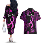 Personalised Faith Hope Love Australia Breast Cancer Couples Matching Off The Shoulder Long Sleeve Dress and Hawaiian Shirt Pink Ribbon Indigenous