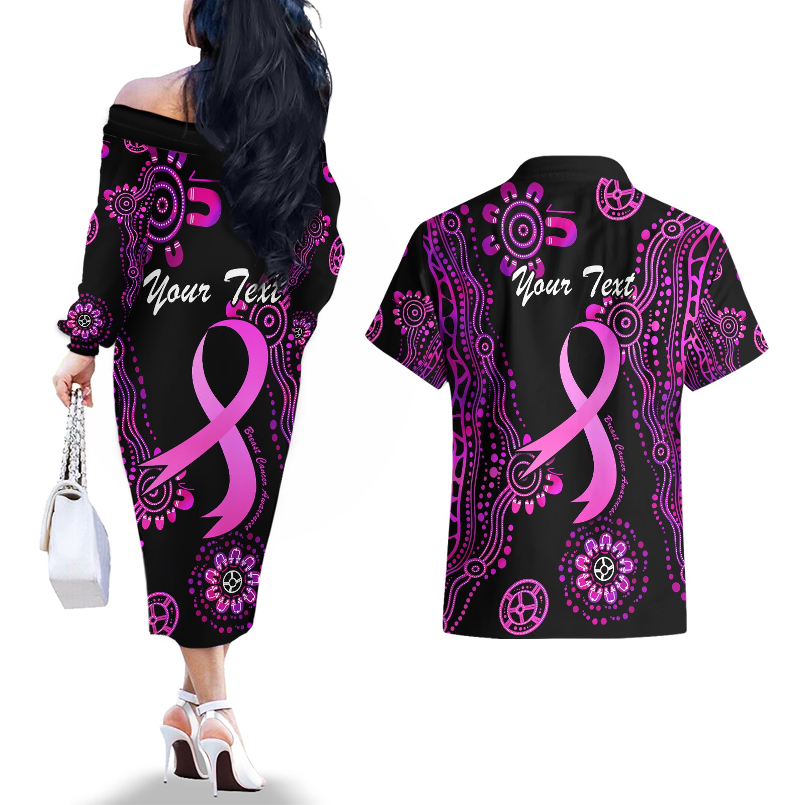 Personalised Faith Hope Love Australia Breast Cancer Couples Matching Off The Shoulder Long Sleeve Dress and Hawaiian Shirt Pink Ribbon Indigenous
