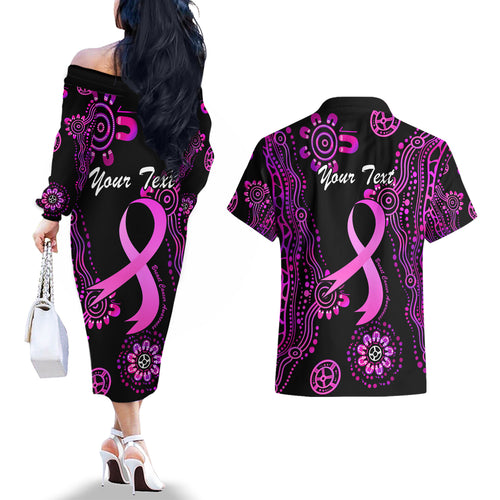 Personalised Faith Hope Love Australia Breast Cancer Couples Matching Off The Shoulder Long Sleeve Dress and Hawaiian Shirt Pink Ribbon Indigenous
