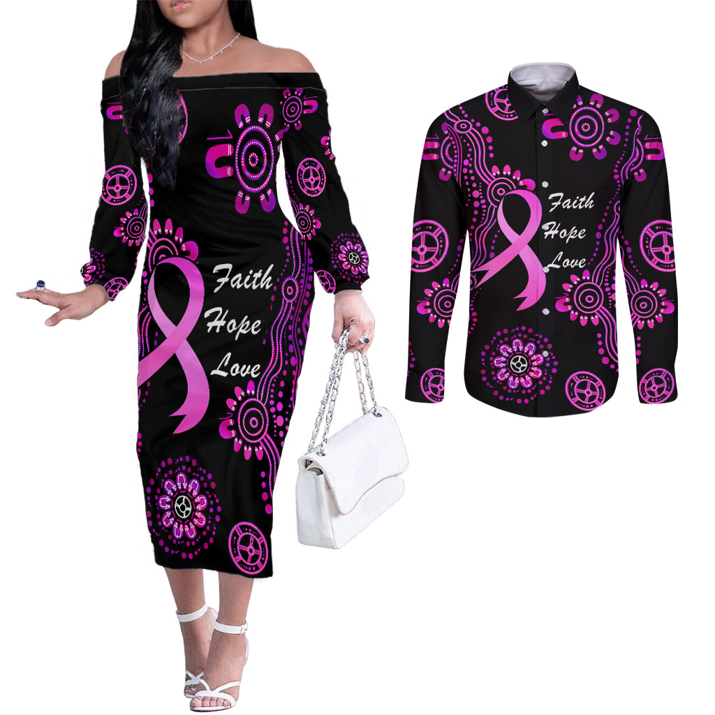 Personalised Faith Hope Love Australia Breast Cancer Couples Matching Off The Shoulder Long Sleeve Dress and Long Sleeve Button Shirt Pink Ribbon Indigenous