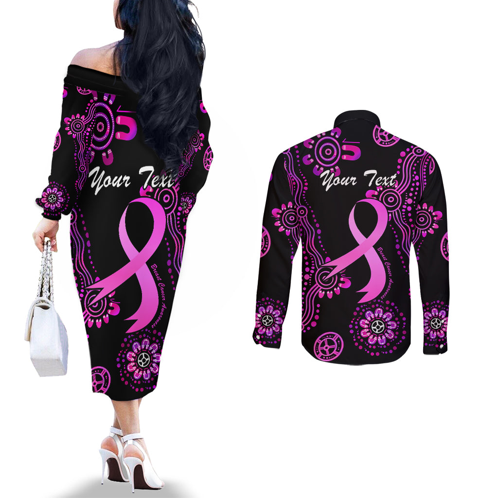 Personalised Faith Hope Love Australia Breast Cancer Couples Matching Off The Shoulder Long Sleeve Dress and Long Sleeve Button Shirt Pink Ribbon Indigenous