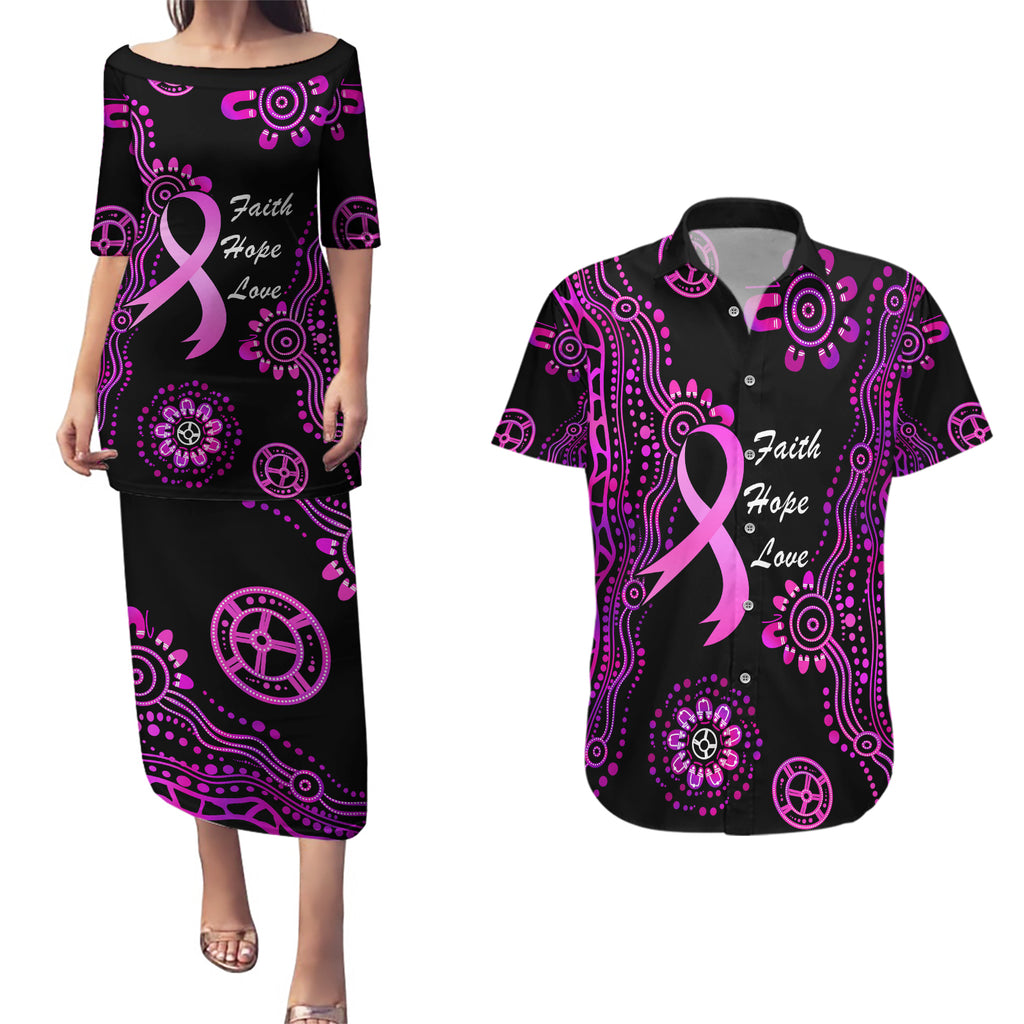 Personalised Faith Hope Love Australia Breast Cancer Couples Matching Puletasi and Hawaiian Shirt Pink Ribbon Indigenous