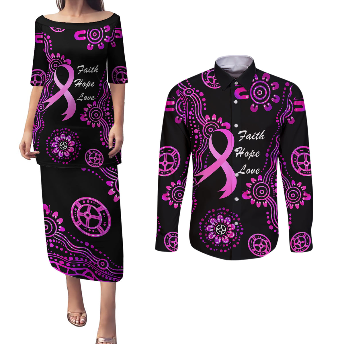 Personalised Faith Hope Love Australia Breast Cancer Couples Matching Puletasi and Long Sleeve Button Shirt Pink Ribbon Indigenous