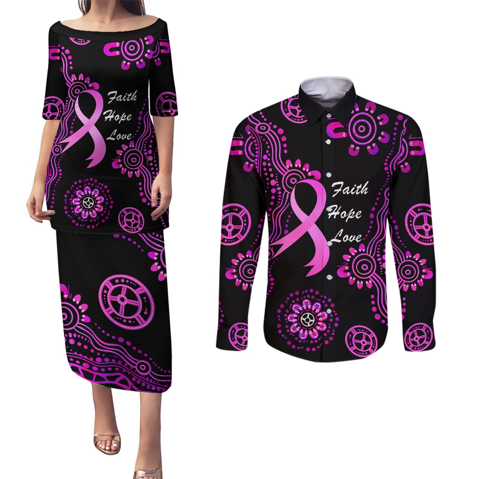 Personalised Faith Hope Love Australia Breast Cancer Couples Matching Puletasi and Long Sleeve Button Shirt Pink Ribbon Indigenous
