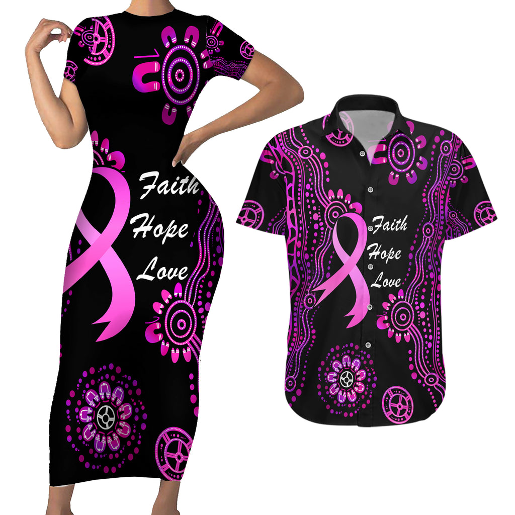 Personalised Faith Hope Love Australia Breast Cancer Couples Matching Short Sleeve Bodycon Dress and Hawaiian Shirt Pink Ribbon Indigenous