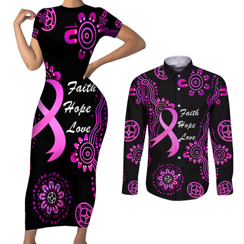 Personalised Faith Hope Love Australia Breast Cancer Couples Matching Short Sleeve Bodycon Dress and Long Sleeve Button Shirt Pink Ribbon Indigenous