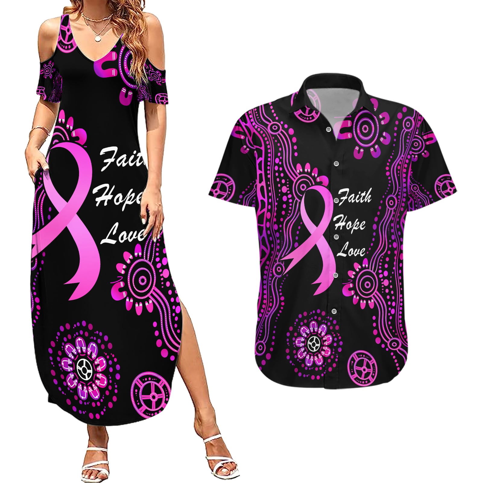 Personalised Faith Hope Love Australia Breast Cancer Couples Matching Summer Maxi Dress and Hawaiian Shirt Pink Ribbon Indigenous