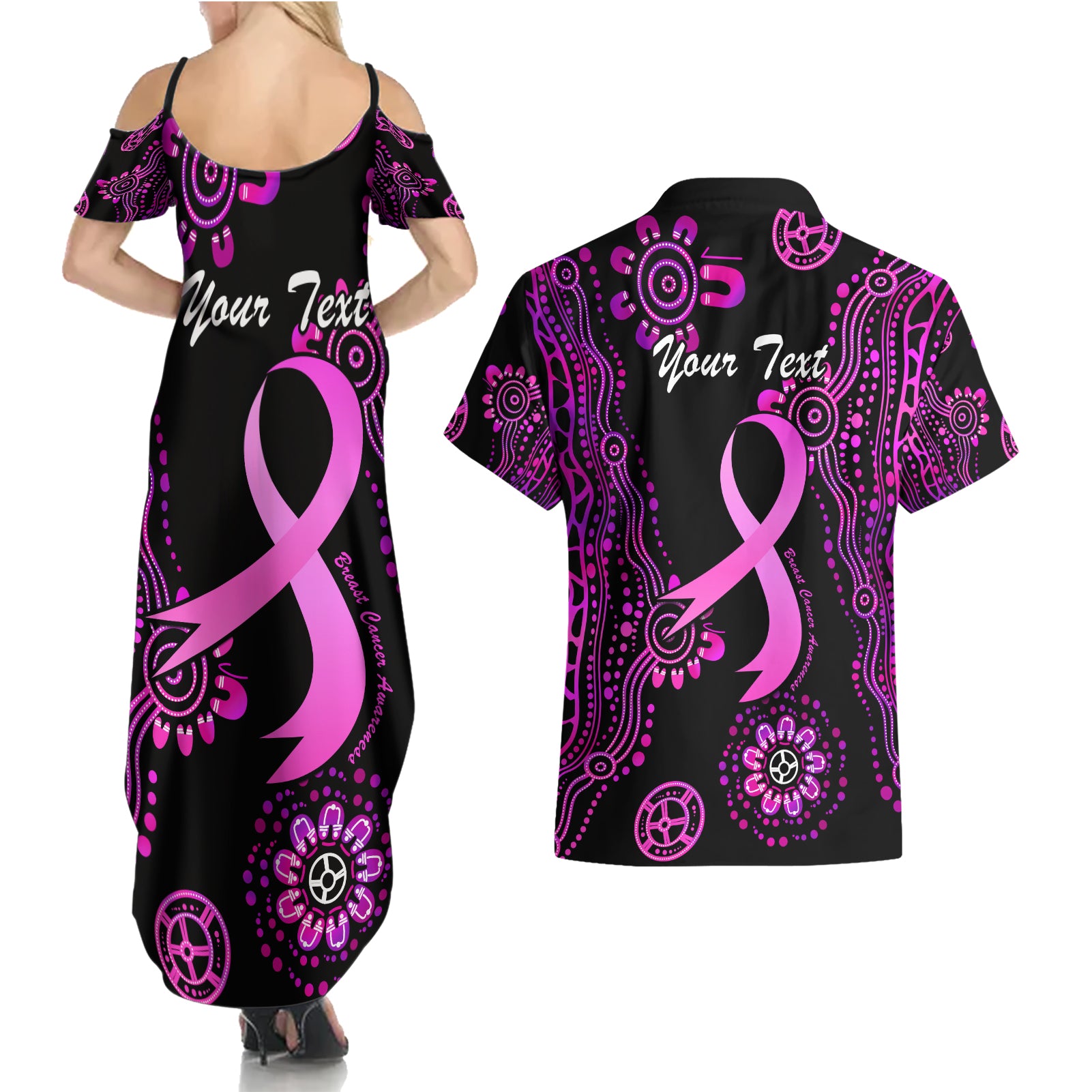 Personalised Faith Hope Love Australia Breast Cancer Couples Matching Summer Maxi Dress and Hawaiian Shirt Pink Ribbon Indigenous