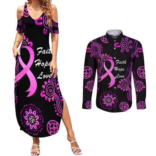 Personalised Faith Hope Love Australia Breast Cancer Couples Matching Summer Maxi Dress and Long Sleeve Button Shirt Pink Ribbon Indigenous
