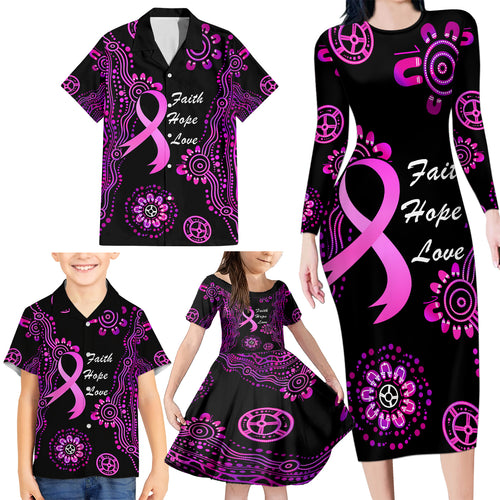 Personalised Faith Hope Love Australia Breast Cancer Family Matching Long Sleeve Bodycon Dress and Hawaiian Shirt Pink Ribbon Indigenous