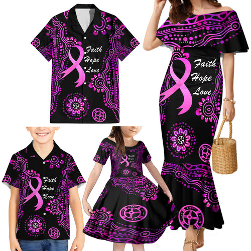 Personalised Faith Hope Love Australia Breast Cancer Family Matching Mermaid Dress and Hawaiian Shirt Pink Ribbon Indigenous