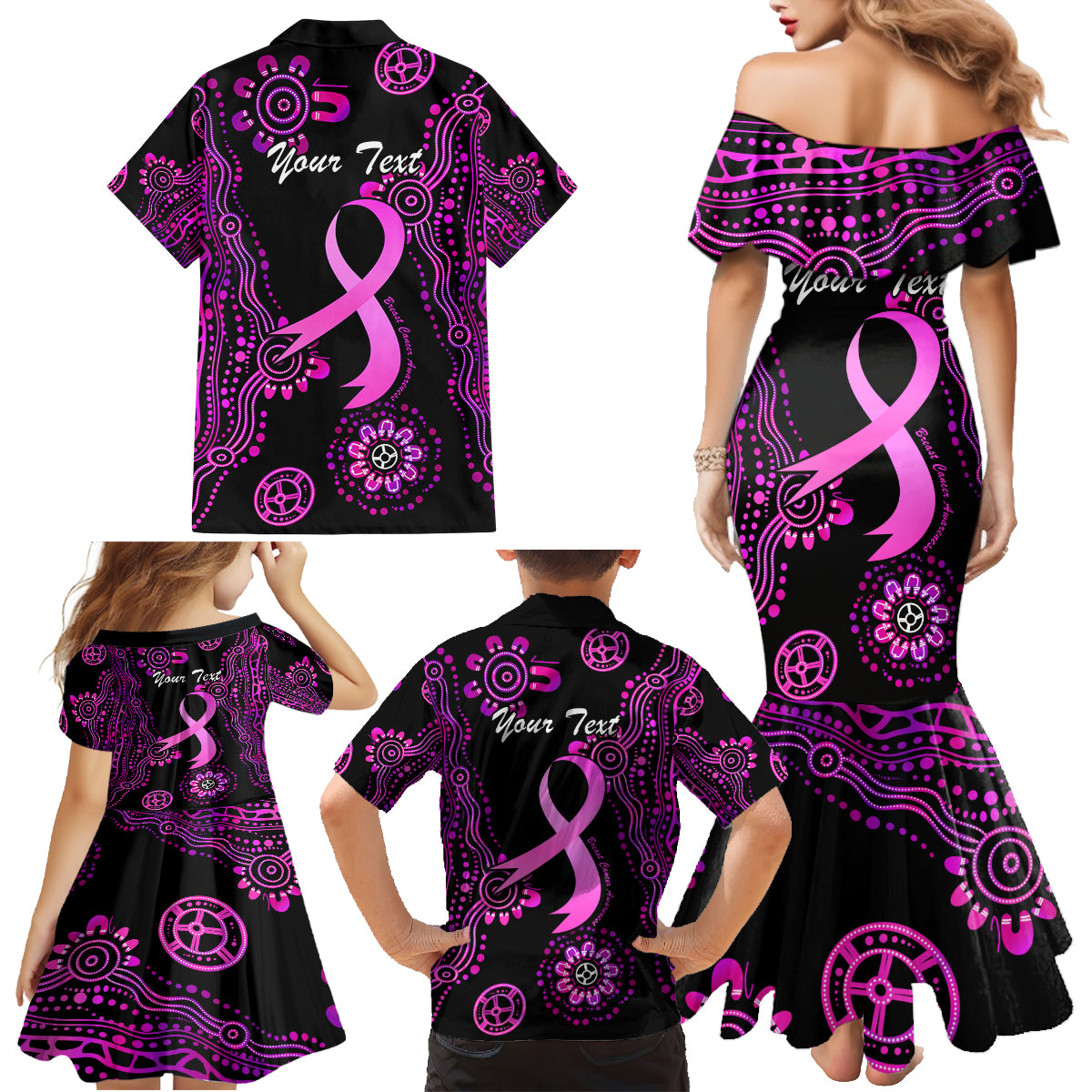 Personalised Faith Hope Love Australia Breast Cancer Family Matching Mermaid Dress and Hawaiian Shirt Pink Ribbon Indigenous