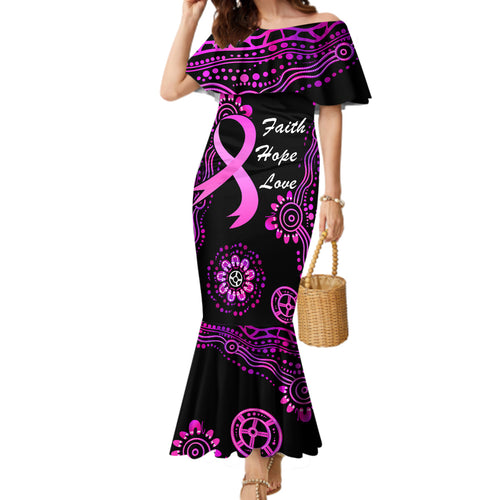 Personalised Faith Hope Love Australia Breast Cancer Family Matching Mermaid Dress and Hawaiian Shirt Pink Ribbon Indigenous