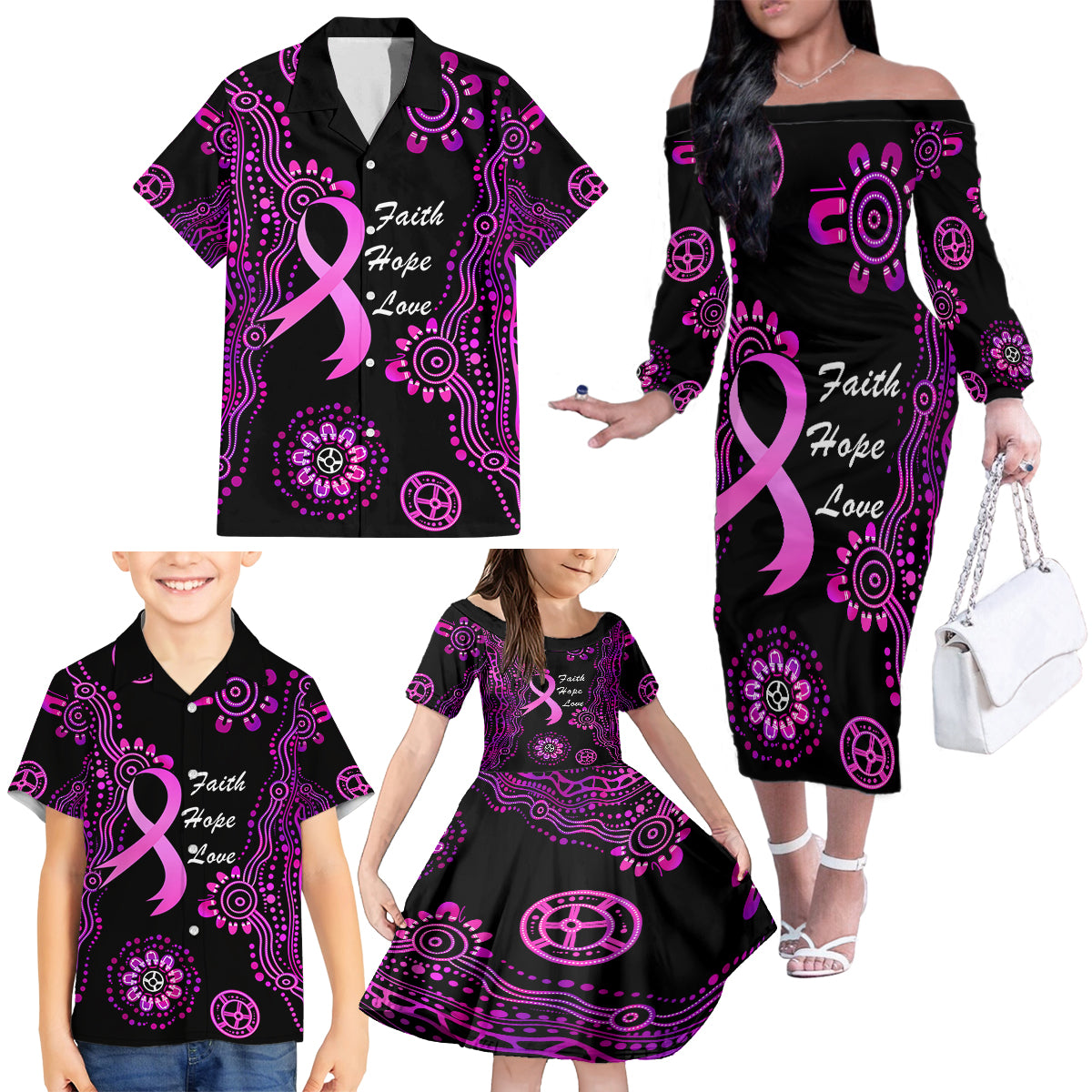 Personalised Faith Hope Love Australia Breast Cancer Family Matching Off Shoulder Long Sleeve Dress and Hawaiian Shirt Pink Ribbon Indigenous