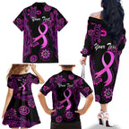 Personalised Faith Hope Love Australia Breast Cancer Family Matching Off Shoulder Long Sleeve Dress and Hawaiian Shirt Pink Ribbon Indigenous