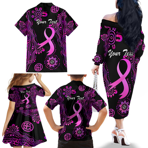 Personalised Faith Hope Love Australia Breast Cancer Family Matching Off Shoulder Long Sleeve Dress and Hawaiian Shirt Pink Ribbon Indigenous