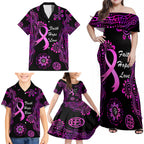 Personalised Faith Hope Love Australia Breast Cancer Family Matching Off Shoulder Maxi Dress and Hawaiian Shirt Pink Ribbon Indigenous