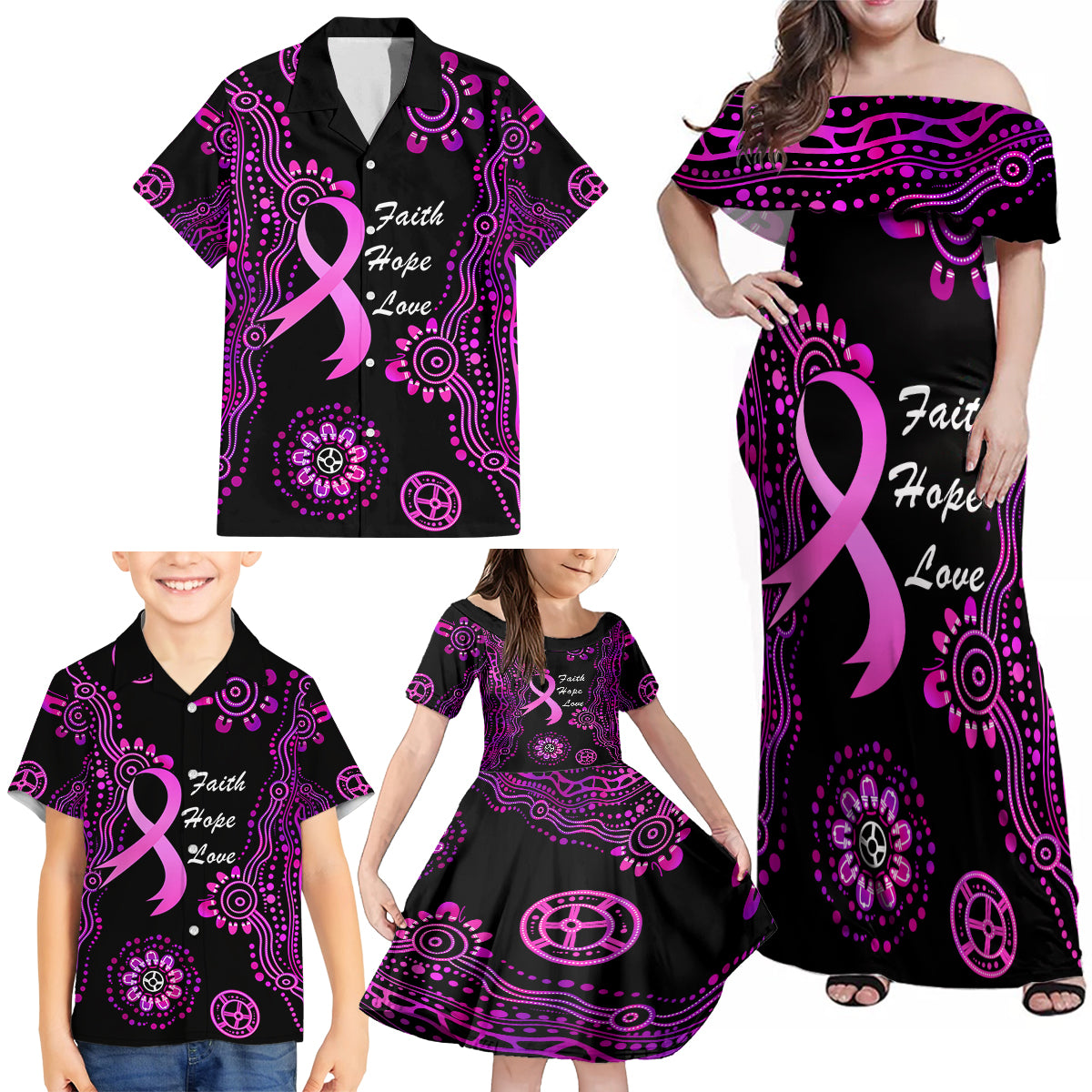 Personalised Faith Hope Love Australia Breast Cancer Family Matching Off Shoulder Maxi Dress and Hawaiian Shirt Pink Ribbon Indigenous