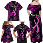 Personalised Faith Hope Love Australia Breast Cancer Family Matching Off Shoulder Maxi Dress and Hawaiian Shirt Pink Ribbon Indigenous