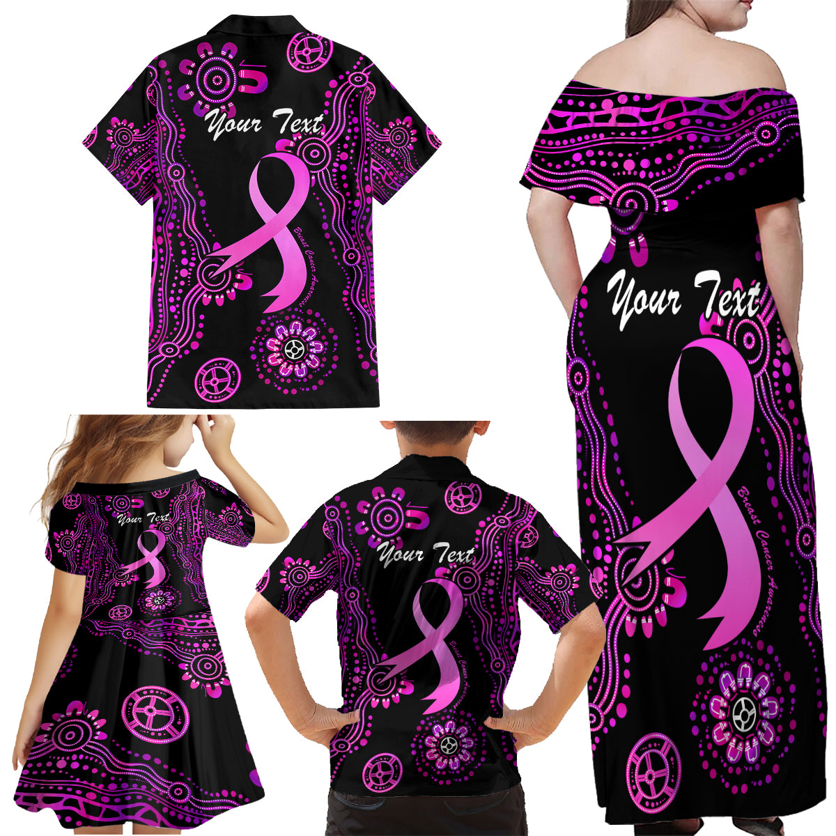 Personalised Faith Hope Love Australia Breast Cancer Family Matching Off Shoulder Maxi Dress and Hawaiian Shirt Pink Ribbon Indigenous