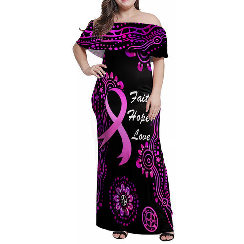 Personalised Faith Hope Love Australia Breast Cancer Family Matching Off Shoulder Maxi Dress and Hawaiian Shirt Pink Ribbon Indigenous