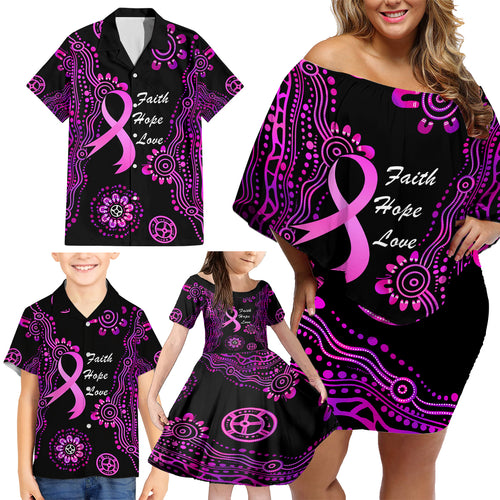 Personalised Faith Hope Love Australia Breast Cancer Family Matching Off Shoulder Short Dress and Hawaiian Shirt Pink Ribbon Indigenous