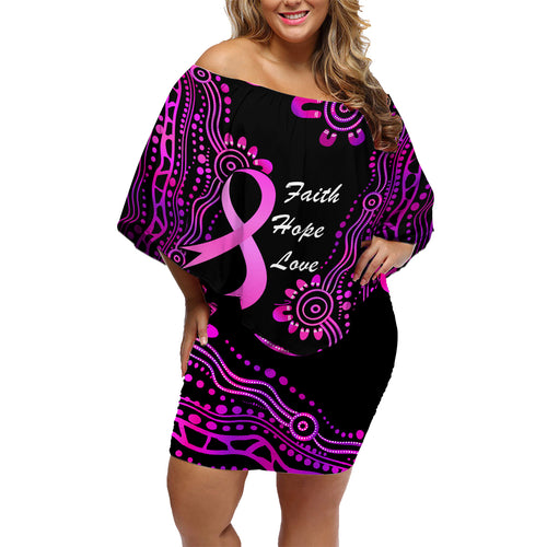 Personalised Faith Hope Love Australia Breast Cancer Family Matching Off Shoulder Short Dress and Hawaiian Shirt Pink Ribbon Indigenous
