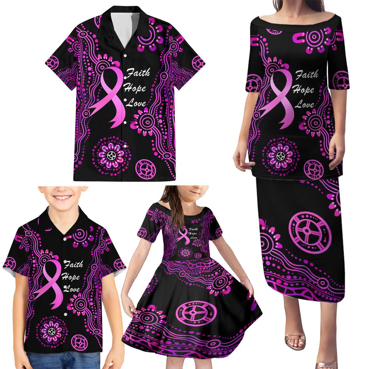 Personalised Faith Hope Love Australia Breast Cancer Family Matching Puletasi and Hawaiian Shirt Pink Ribbon Indigenous