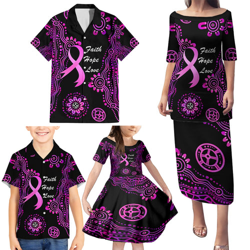 Personalised Faith Hope Love Australia Breast Cancer Family Matching Puletasi and Hawaiian Shirt Pink Ribbon Indigenous