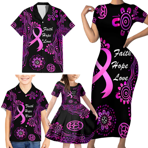 Personalised Faith Hope Love Australia Breast Cancer Family Matching Short Sleeve Bodycon Dress and Hawaiian Shirt Pink Ribbon Indigenous