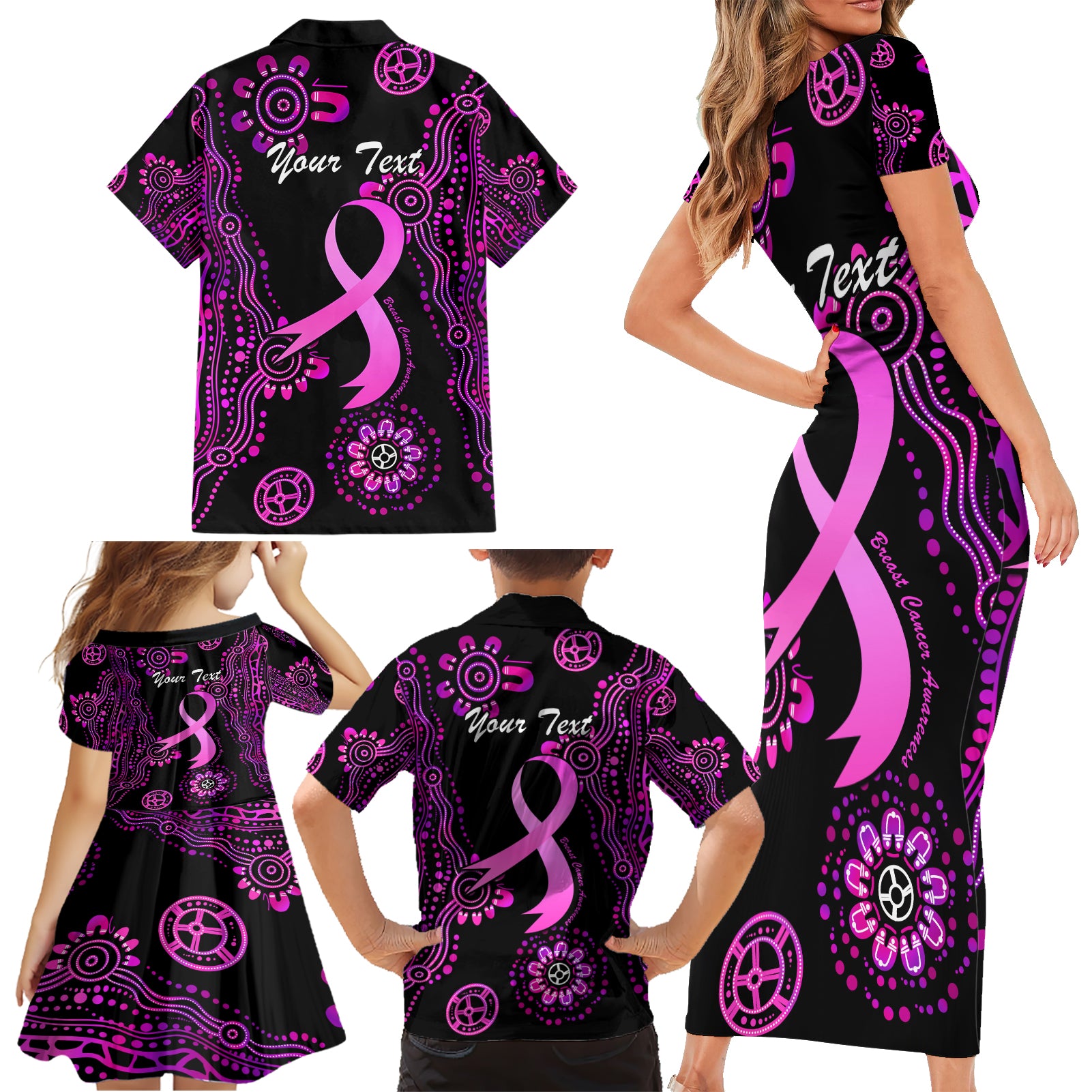 Personalised Faith Hope Love Australia Breast Cancer Family Matching Short Sleeve Bodycon Dress and Hawaiian Shirt Pink Ribbon Indigenous