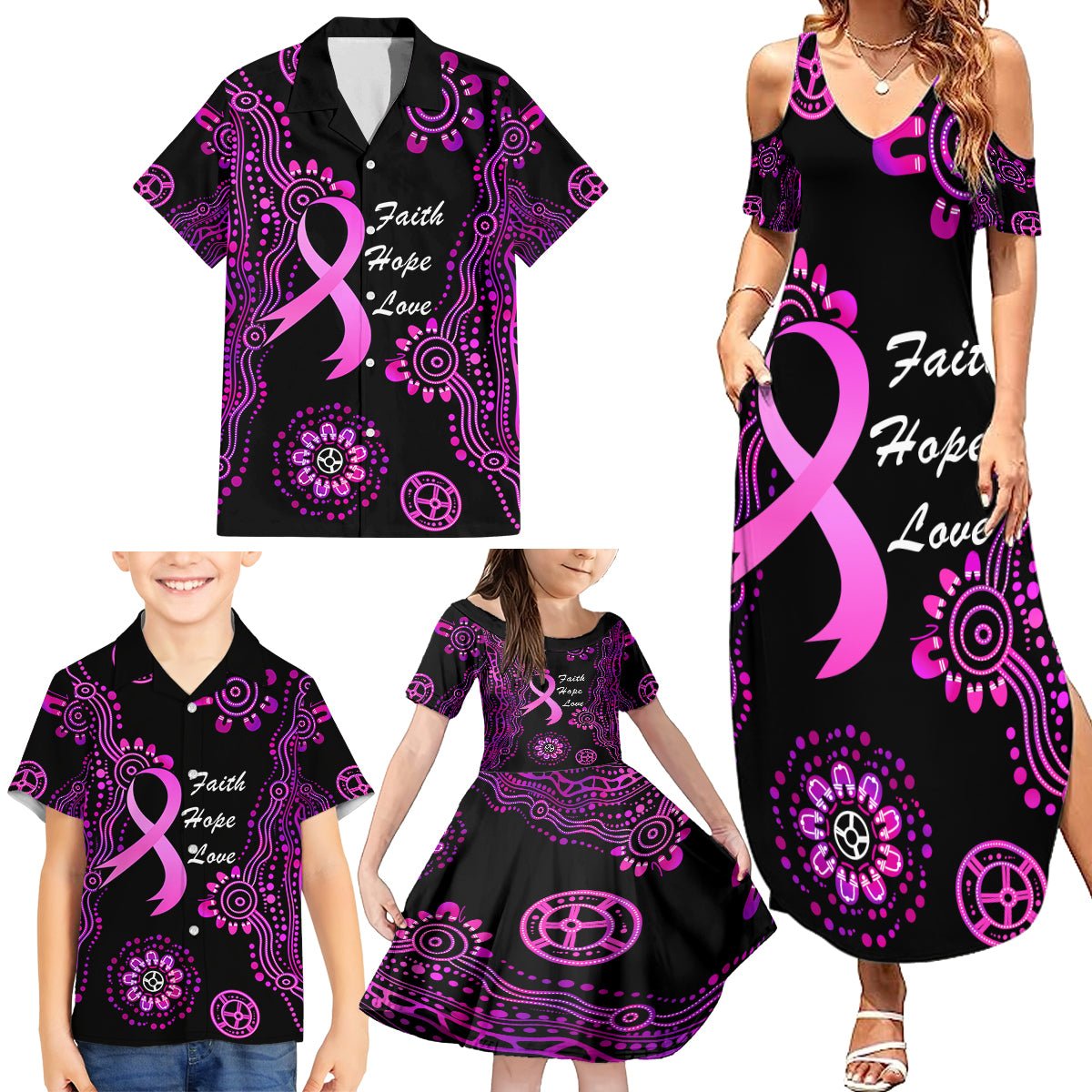 Personalised Faith Hope Love Australia Breast Cancer Family Matching Summer Maxi Dress and Hawaiian Shirt Pink Ribbon Indigenous