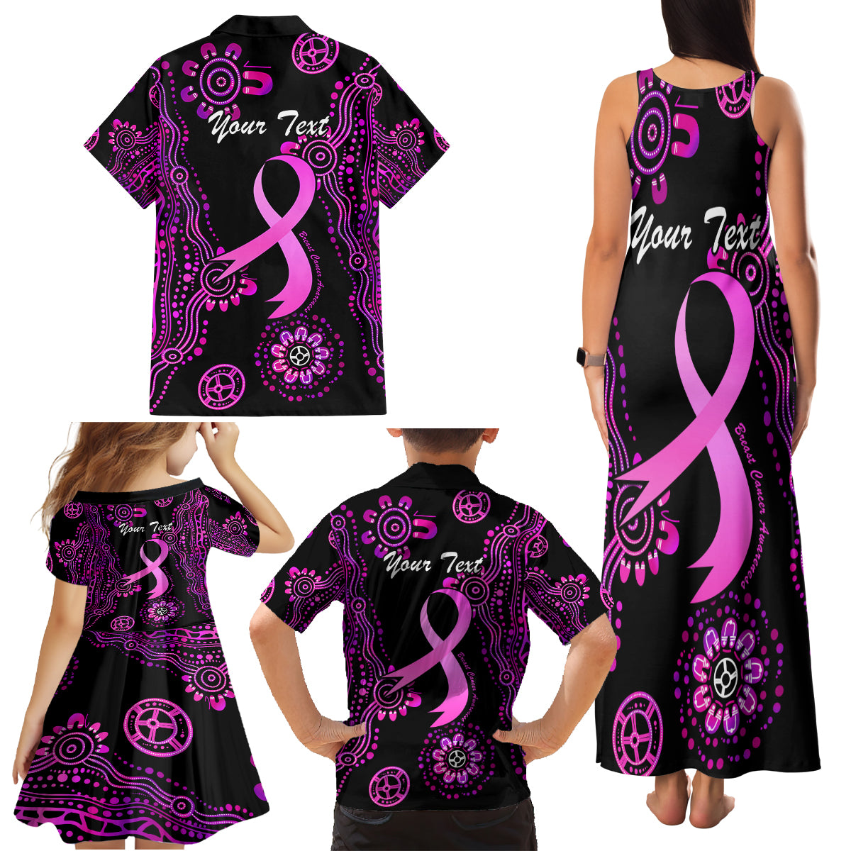 Personalised Faith Hope Love Australia Breast Cancer Family Matching Tank Maxi Dress and Hawaiian Shirt Pink Ribbon Indigenous