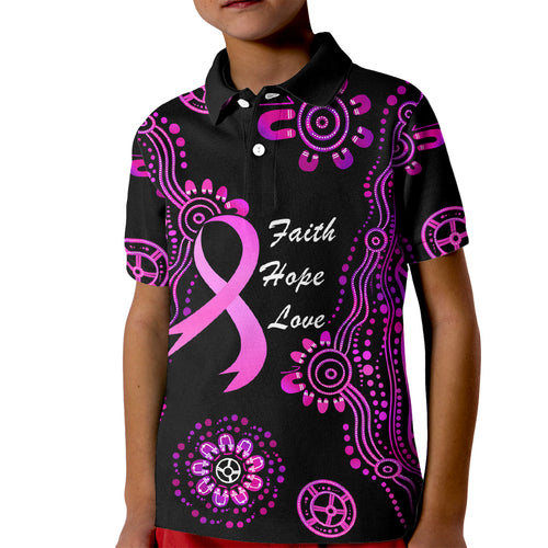 Personalised Faith Hope Love Australia Breast Cancer Kid Polo Shirt Pink Ribbon Indigenous