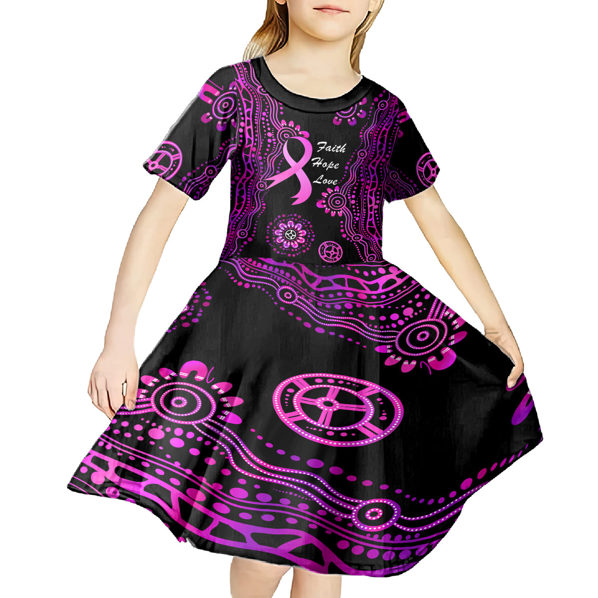 Personalised Faith Hope Love Australia Breast Cancer Kid Short Sleeve Dress Pink Ribbon Indigenous