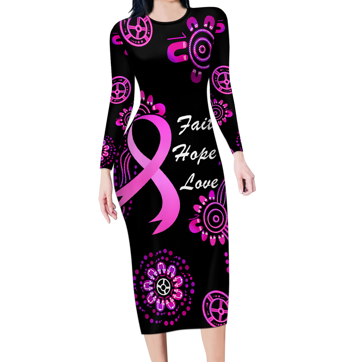 Personalised Faith Hope Love Australia Breast Cancer Long Sleeve Bodycon Dress Pink Ribbon Indigenous