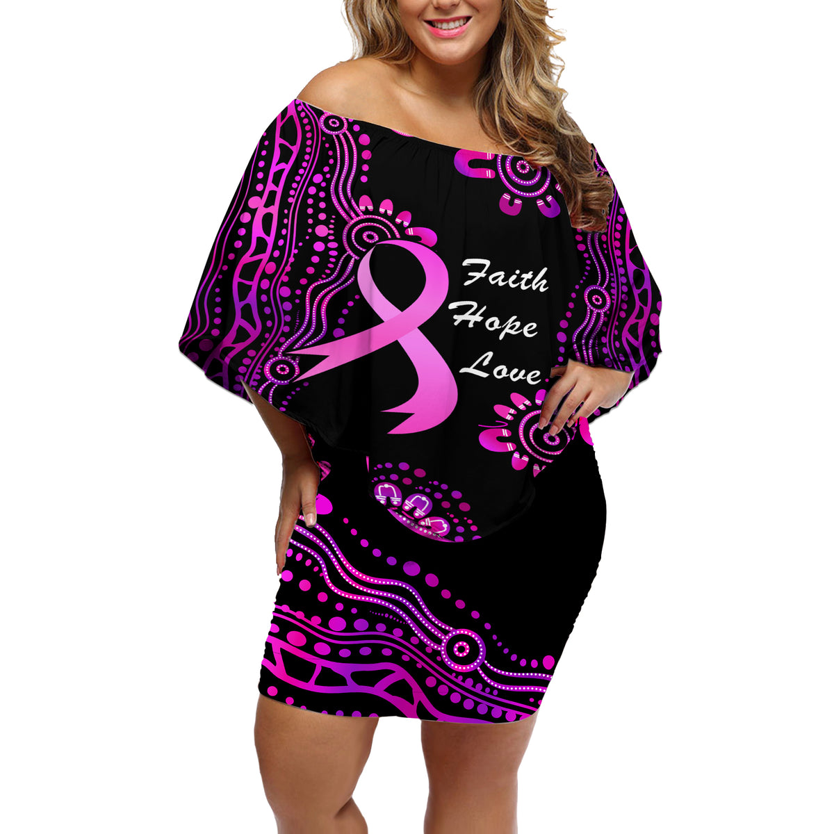 Personalised Faith Hope Love Australia Breast Cancer Off Shoulder Short Dress Pink Ribbon Indigenous