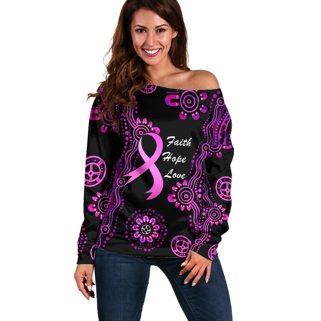 Personalised Faith Hope Love Australia Breast Cancer Off Shoulder Sweater Pink Ribbon Indigenous