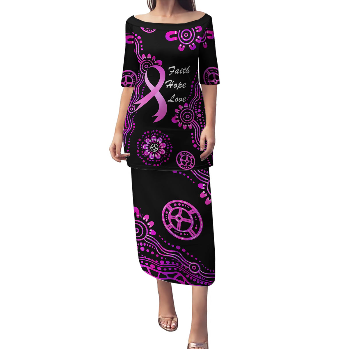 Personalised Faith Hope Love Australia Breast Cancer Puletasi Pink Ribbon Indigenous
