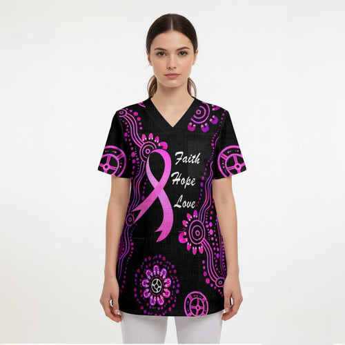 Personalised Faith Hope Love Australia Breast Cancer Scrub Top Pink Ribbon Indigenous - Aussie Hoodie