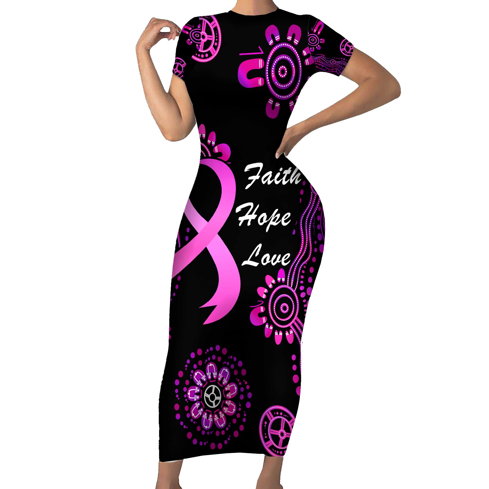 Personalised Faith Hope Love Australia Breast Cancer Short Sleeve Bodycon Dress Pink Ribbon Indigenous