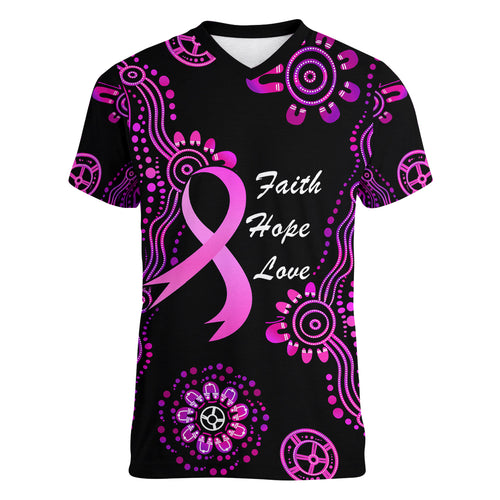 Personalised Faith Hope Love Australia Breast Cancer Women V Neck T Shirt Pink Ribbon Indigenous