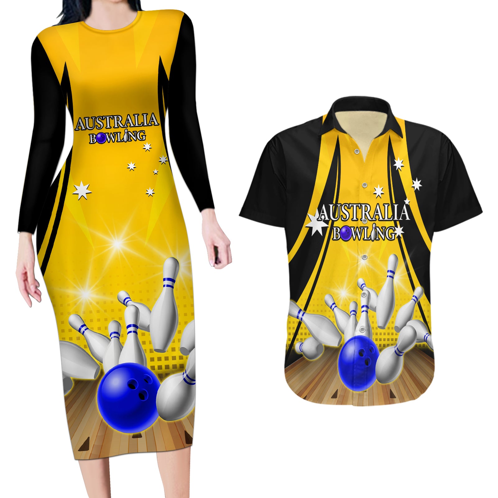Australia Bowling Couples Matching Long Sleeve Bodycon Dress and Hawaiian Shirt I Am A Bowling Pin Curve Style