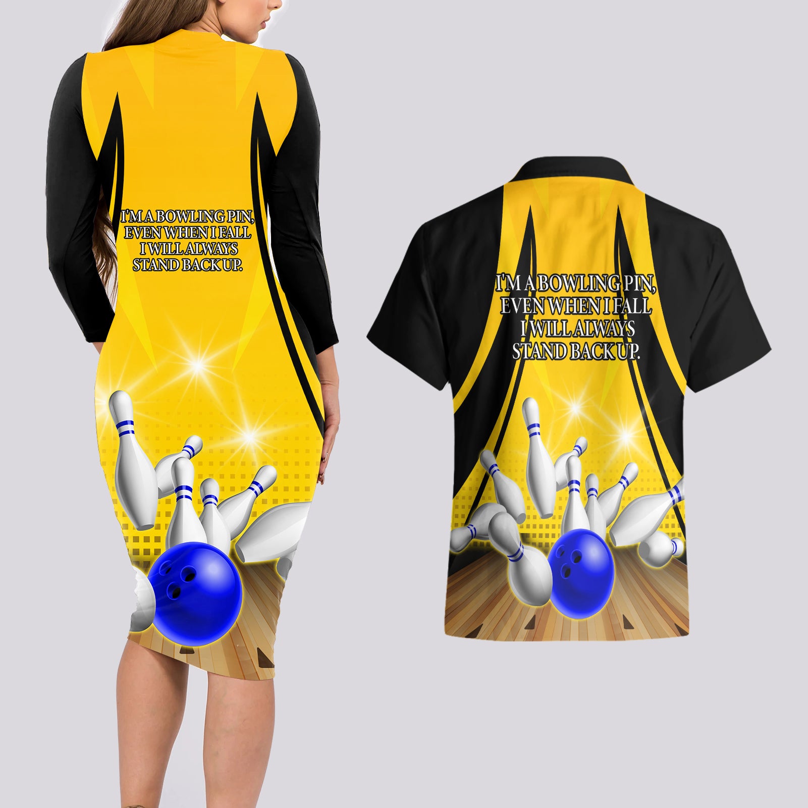 Australia Bowling Couples Matching Long Sleeve Bodycon Dress and Hawaiian Shirt I Am A Bowling Pin Curve Style