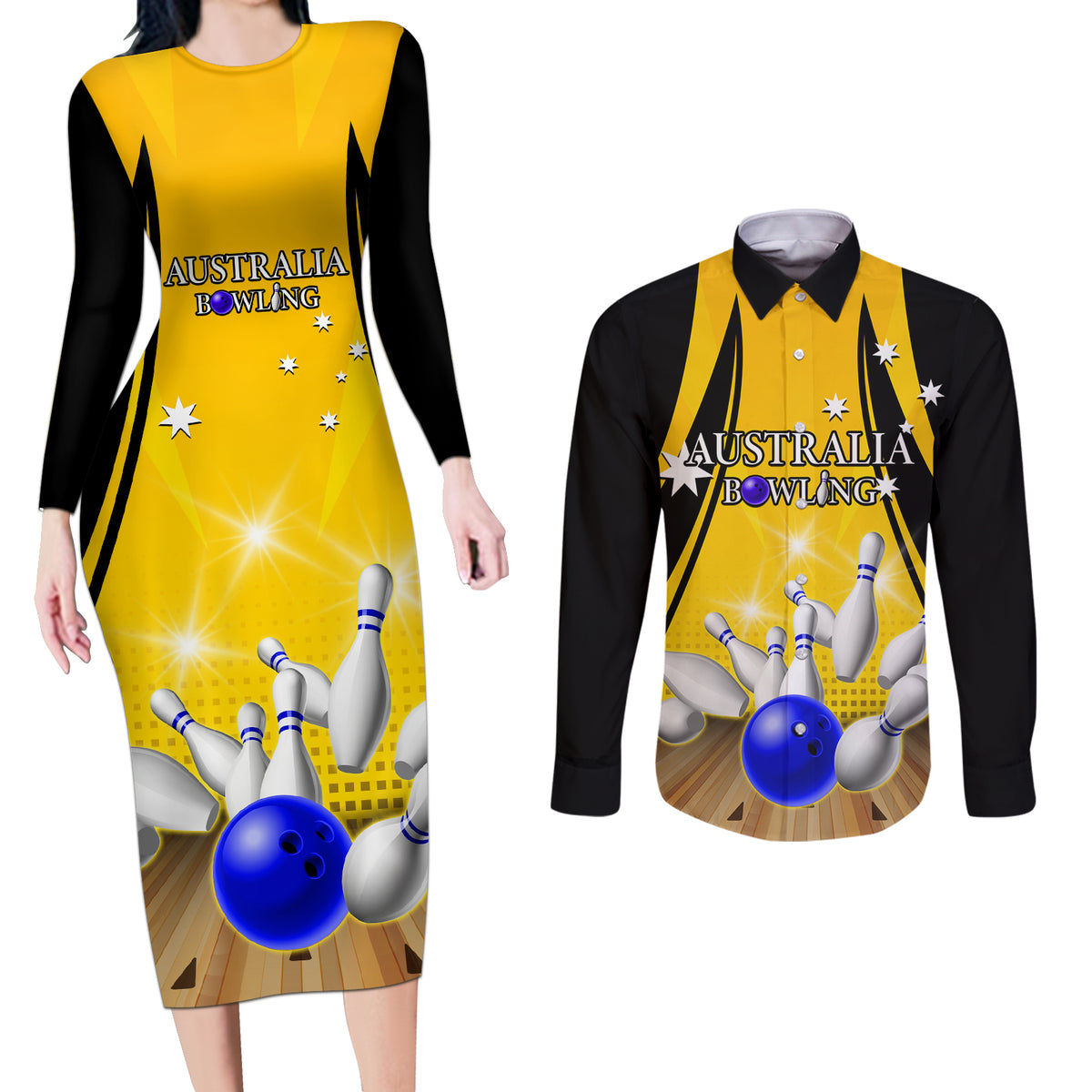 Australia Bowling Couples Matching Long Sleeve Bodycon Dress and Long Sleeve Button Shirt I Am A Bowling Pin Curve Style