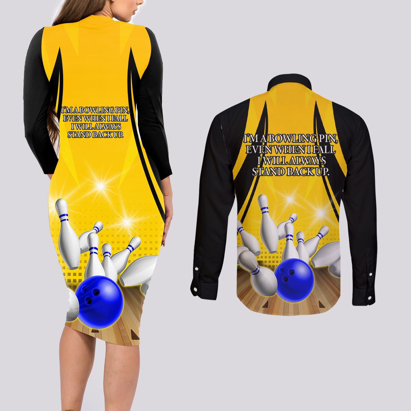 Australia Bowling Couples Matching Long Sleeve Bodycon Dress and Long Sleeve Button Shirt I Am A Bowling Pin Curve Style